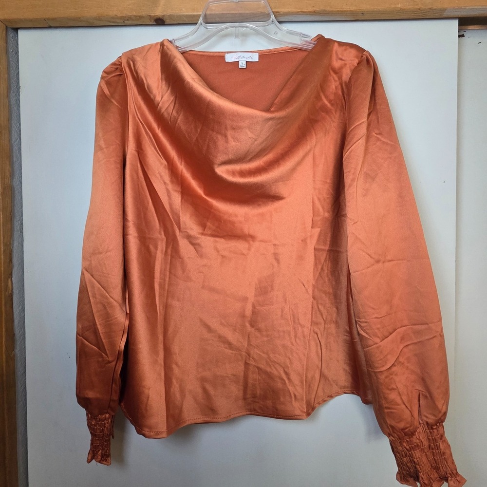 Blashe Women's Burnt Orange Satin Top Size L Fall Autumn Blouse Halloween